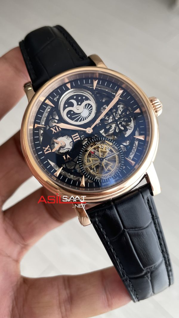 Patek Philippe Geneve Tourbillon Moonphase Skeleton Siyah Kadran 42 mm İskelet Rose Replika Saat