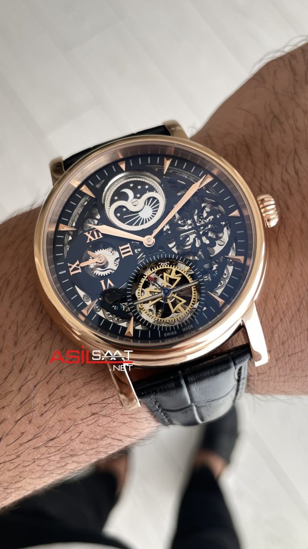 Patek Philippe Geneve Tourbillon Moonphase Skeleton Siyah Kadran 42 mm İskelet Rose Replika Saat