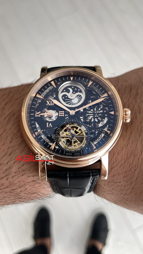 Patek Philippe Geneve Tourbillon Moonphase Skeleton Siyah Kadran 42 mm İskelet Rose Replika Saat