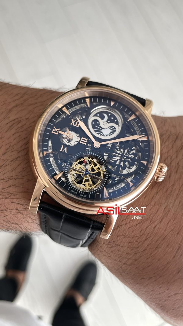Patek Philippe Geneve Tourbillon Moonphase Skeleton Siyah Kadran 42 mm İskelet Rose Replika Saat