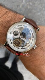 Patek Philippe Moonphase Tourbillon Skeleton Geneve Silver Beyaz Kadran Kahverengi Kordon 42 mm