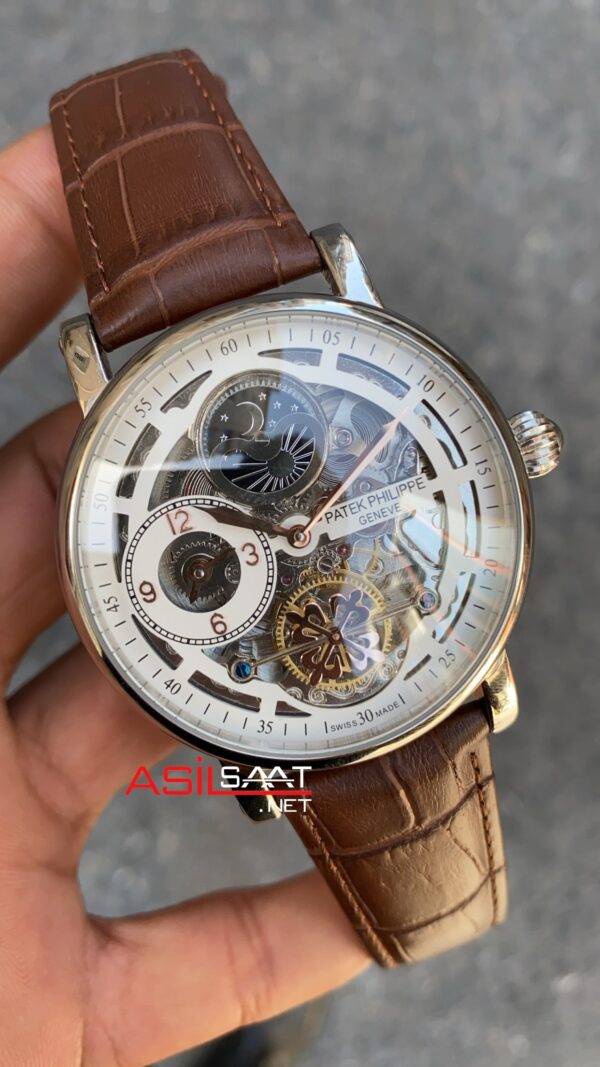 Patek Philippe Moonphase Tourbillon Skeleton Geneve Silver Beyaz Kadran Kahverengi Kordon 42 mm