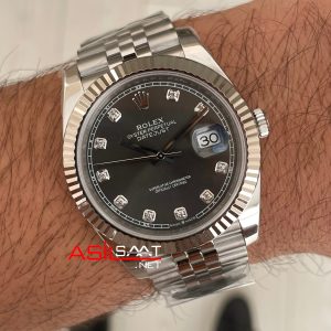 Rolex Datejust Gri Taşlı 126334 Jubilee Dark Rhodium Diamond Dial 41mm Swiss ETA Saat Copy Clean