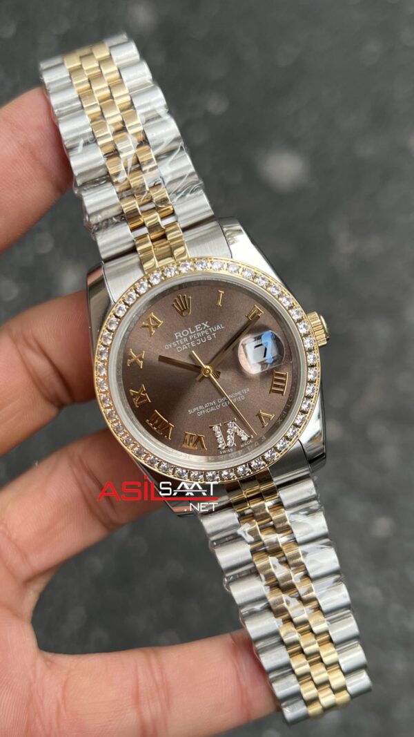 Rolex Datejust Kahverengi Taşlı Bezel 36 mm Kadın Kol Saati Coffiee Dial 36 mm Silver Gold