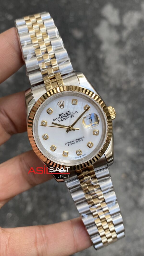 Rolex Datejust Taşlı Beyaz Kadın Saati 126233 Mother of Pearl Diamond White Dial Two Tone 36 mm Jubilee Replika Saat