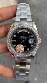 Rolex Day Date Siyah Kadran Oyster Diamond Bezel Silver Replika Saat
