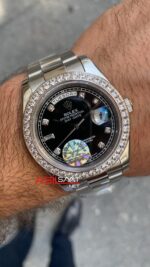 Rolex Day Date Siyah Kadran Oyster Diamond Bezel Silver Replika Saat
