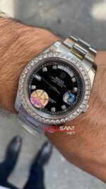 Rolex Day Date Siyah Kadran Oyster Diamond Bezel Silver Replika Saat