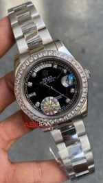 Rolex Day Date Siyah Kadran Oyster Diamond Bezel Silver Replika Saat