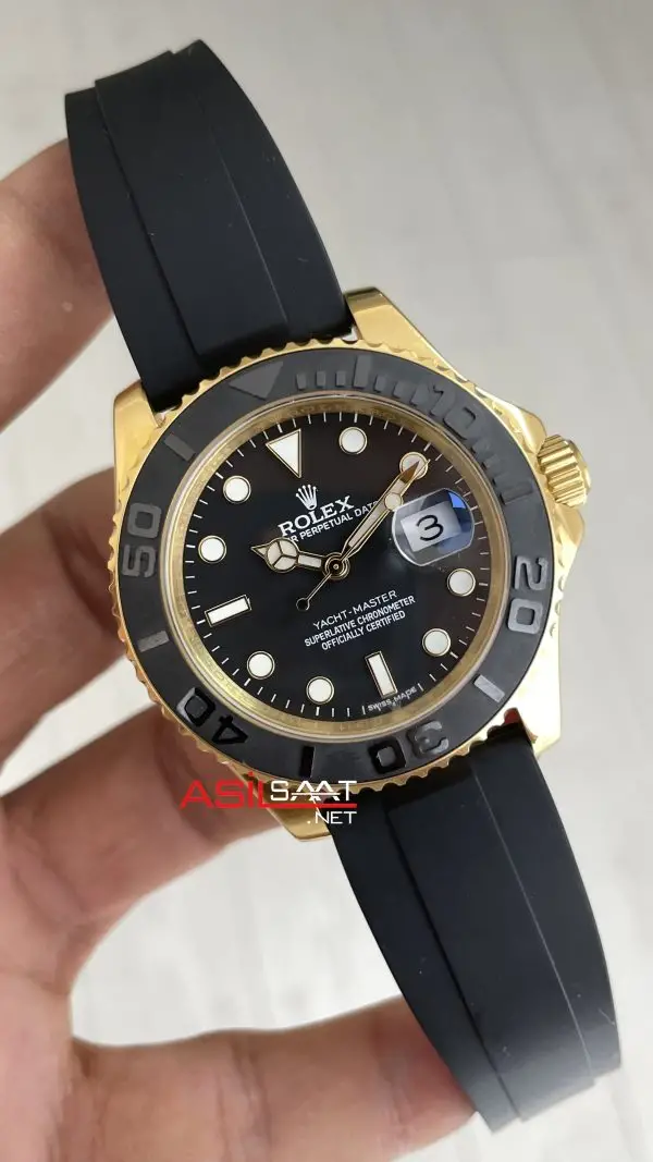 Rolex Yacht Master Oysterflex Rubber 226658 Gold Siyah Kadran 42mm Replika Saat