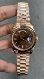 Rolex Day Date Chocolate Baget Diamond Dial Rose 40 mm Fluted Bezel 228235 Replika Saat
