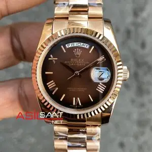 Rolex Day Date 36 mm Chocolate Romen Dial 128235 Everose Replika Saat