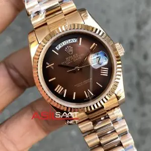 Rolex Day Date 36 mm Chocolate Romen Dial 128235 Everose Replika Saat