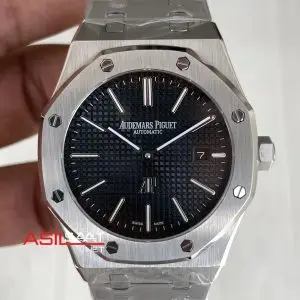 Audemars Piguet Royal Oak Jumbo Extra Thin Siyah Kadran 16202ST 50th Anniversary Replika Saat