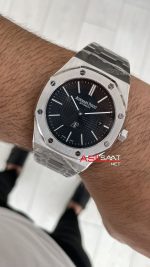 Audemars Piguet Royal Oak Jumbo Extra Thin Siyah Kadran 16202ST 50th Anniversary Replika Saat