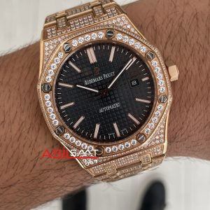 Audemars Piguet Royal Oak Siyah Kadran 15400OR Diamond Rose Replika Saat