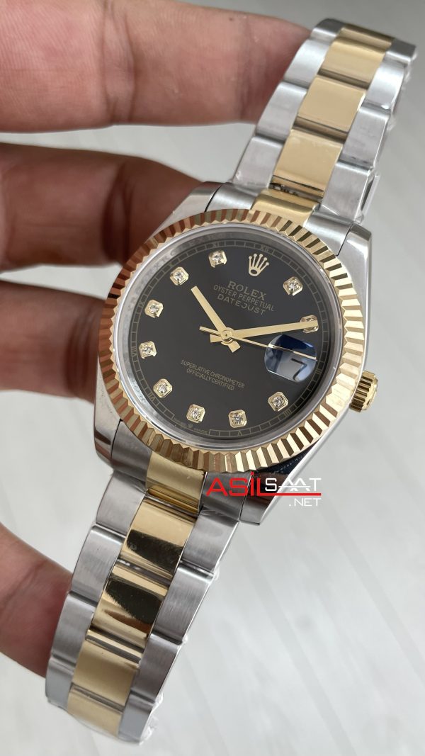 Rolex Datejust Siyah Taşlı 126333 Oyster Two Tone Gold Black Diamond 41mm Replika Saat