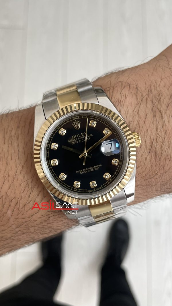 Rolex Datejust Siyah Taşlı 126333 Oyster Two Tone Gold Black Diamond 41mm Replika Saat