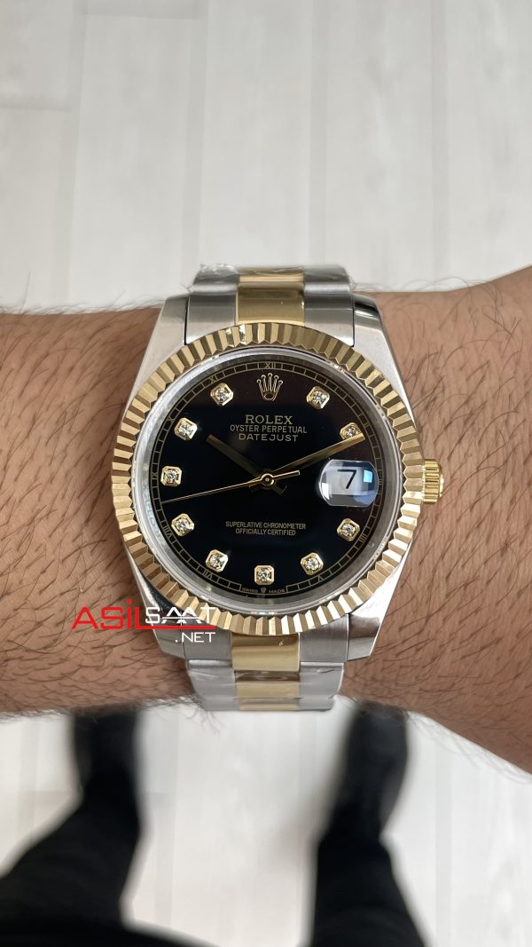 Rolex Datejust Siyah Taşlı 126333 Oyster Two Tone Gold Black Diamond 41mm Replika Saat