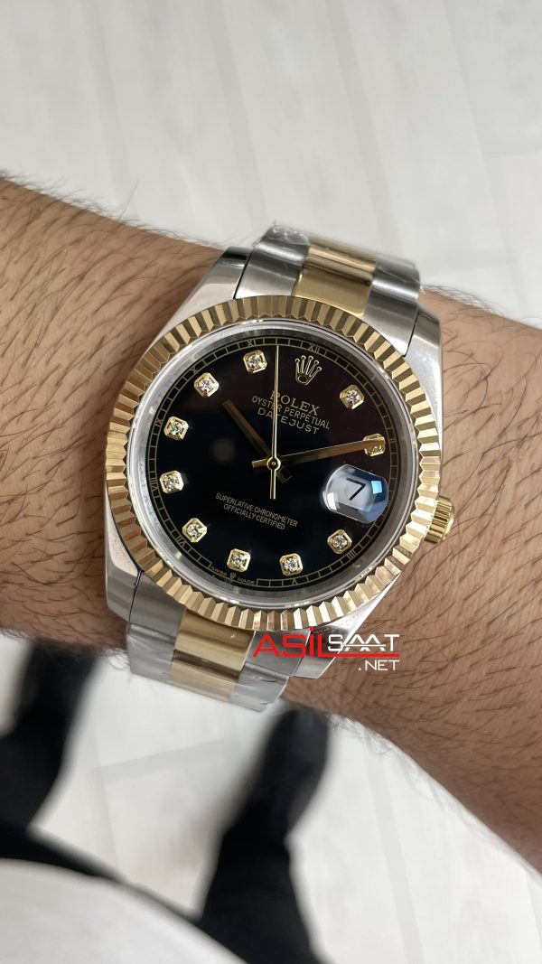 Rolex Datejust Siyah Taşlı 126333 Oyster Two Tone Gold Black Diamond 41mm Replika Saat