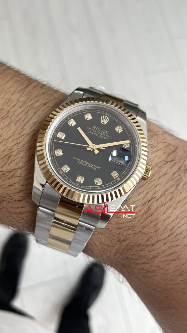 Rolex Datejust Siyah Taşlı 126333 Oyster Two Tone Gold Black Diamond 41mm Replika Saat