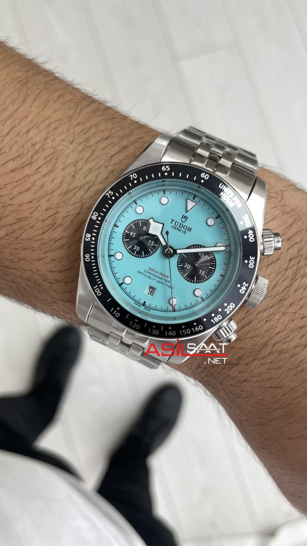Tudor Black Bay Chrono Turkuaz Kadran 79360N Flamingo Blue 41 mm Silver Replika Saat
