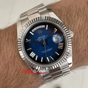 Rolex Day Date Mavi Kadran 228239 Blue Ombre Roman Dial 40mm Silver Replika Saat