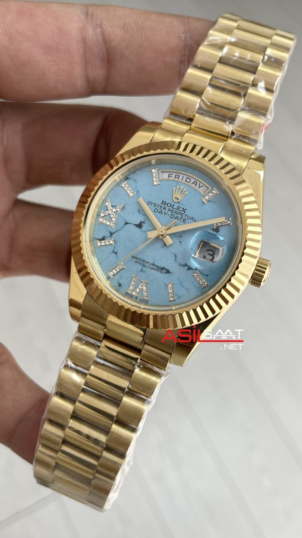 Rolex Day Date Turkuaz 128238 Turquoise Diamond Roman Dial Gold 40mm Replika Saat