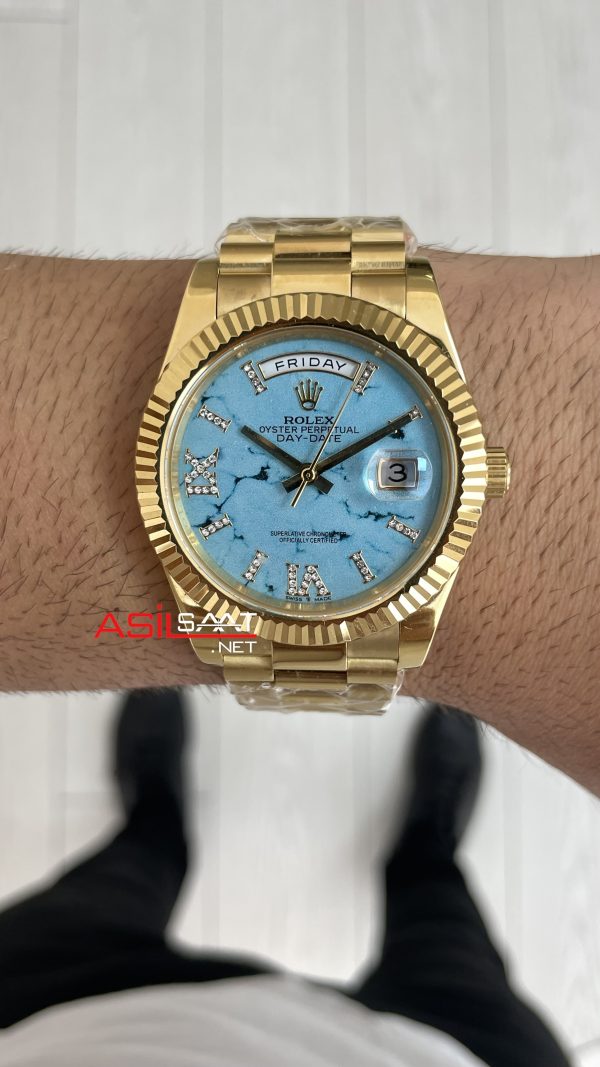 Rolex Day Date Turkuaz 128238 Turquoise Diamond Roman Dial Gold 40mm Replika Saat