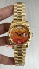 Rolex Day Date Turuncu 128238 Orange Carnelian Diamond Roman Dial Gold 40mm Replika Saat