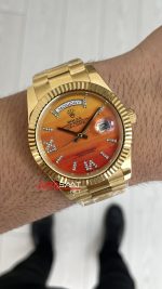 Rolex Day Date Turuncu 128238 Orange Carnelian Diamond Roman Dial Gold 40mm Replika Saat
