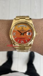 Rolex Day Date Turuncu 128238 Orange Carnelian Diamond Roman Dial Gold 40mm Replika Saat