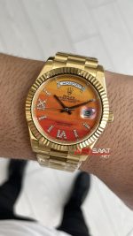 Rolex Day Date Turuncu 128238 Orange Carnelian Diamond Roman Dial Gold 40mm Replika Saat