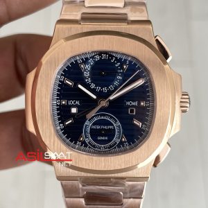 Patek Philippe Nautilus Travel Time Chronograph Mavi Kadran 5990R Rose Gold Swiss ETA Saat