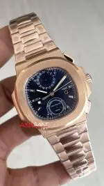 Patek Philippe Nautilus Travel Time Chronograph Mavi Kadran 5990R Rose Gold Swiss ETA Saat