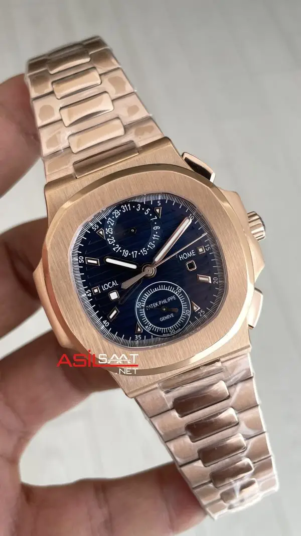 Patek Philippe Nautilus Travel Time Chronograph Mavi Kadran 5990R Rose Gold Swiss ETA Saat