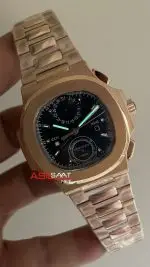 Patek Philippe Nautilus Travel Time Chronograph Mavi Kadran 5990R Rose Gold Swiss ETA Saat