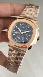 Patek Philippe Nautilus Travel Time Chronograph Mavi Kadran 5990R Rose Gold Swiss ETA Saat