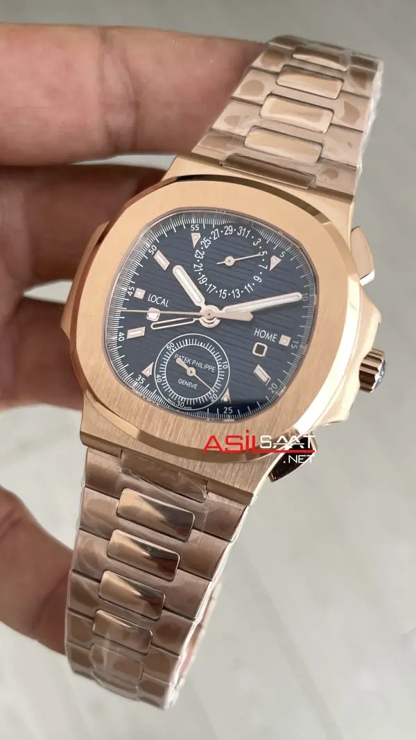 Patek Philippe Nautilus Travel Time Chronograph Mavi Kadran 5990R Rose Gold Swiss ETA Saat