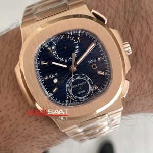 Patek Philippe Nautilus Travel Time Chronograph Mavi Kadran 5990R Rose Gold Swiss ETA Saat