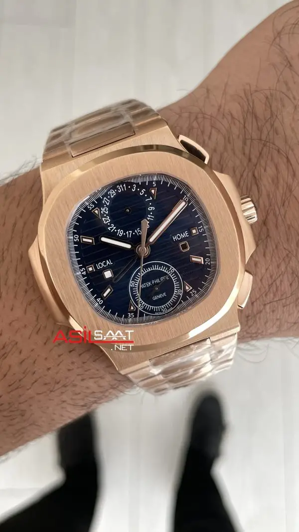 Patek Philippe Nautilus Travel Time Chronograph Mavi Kadran 5990R Rose Gold Swiss ETA Saat