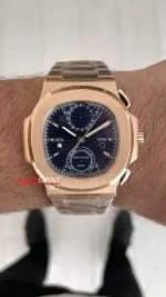 Patek Philippe Nautilus Travel Time Chronograph Mavi Kadran 5990R Rose Gold Swiss ETA Saat