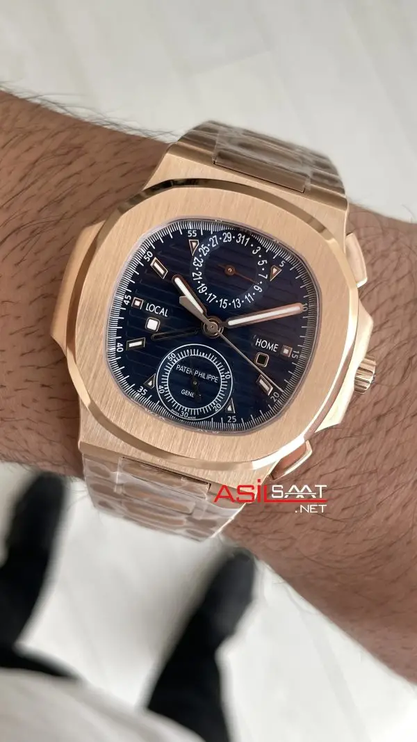Patek Philippe Nautilus Travel Time Chronograph Mavi Kadran 5990R Rose Gold Swiss ETA Saat