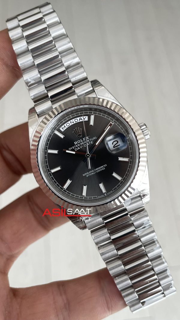 Rolex Day Date Gri 228239 Dark Rhodium Dial 40mm President 3255 Super Clone Swiss ETA Saat VS Factory V2 Rolex Day Date Gri 228239 Dark Rhodium Dial 40mm President 3255 Super Clone Swiss ETA Saat VS Factory V2