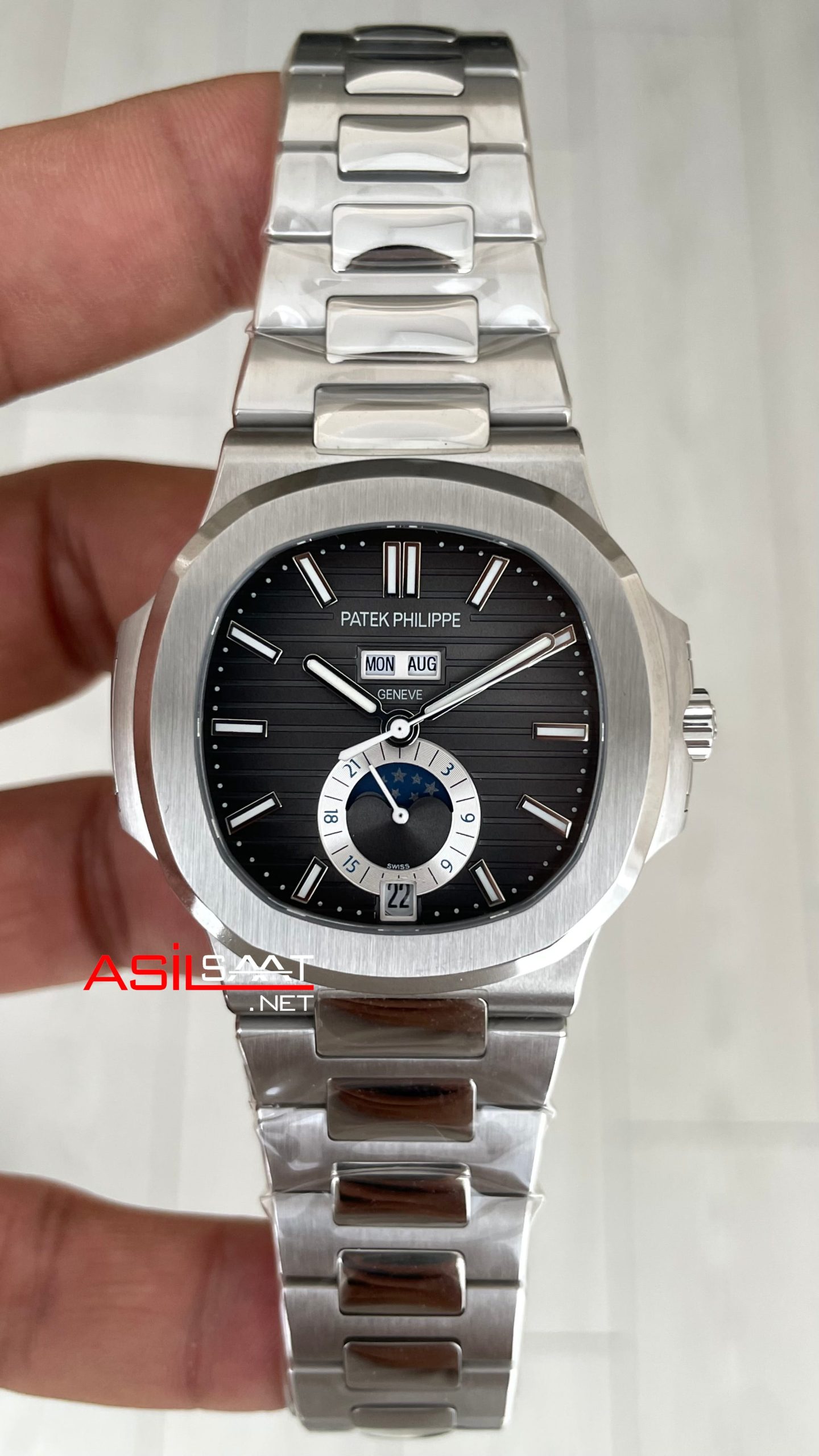 Patek Philippe Nautilus 5726 Annual Calendar Moonphase Silver Gri Kadran Super Clone Swiss ETA Saat GR Factory