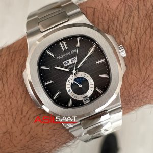 Patek Philippe Nautilus 5726 Annual Calendar Moonphase Silver Gri Kadran Super Clone Swiss ETA Saat GR Factory