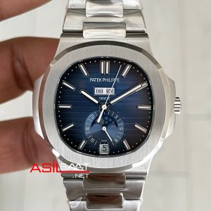 Patek Philippe Nautilus 5726 Annual Calendar Moonphase Silver Mavi Kadran Super Clone Swiss ETA Saat GR Factory