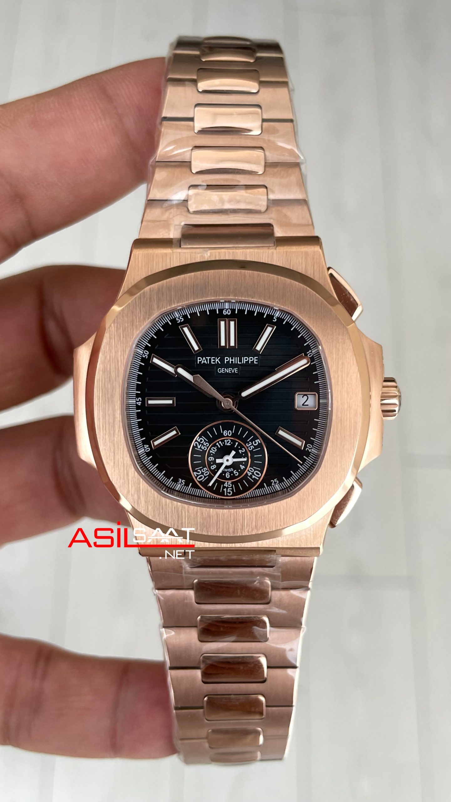 Patek Philippe Nautilus 5980 Chronograph Siyah Kadran Rose Super Clone Swiss ETA Saat GR Factory Patek Philippe Nautilus 5980 Chronograph Siyah Kadran Rose Super Clone Swiss ETA Saat GR Factory