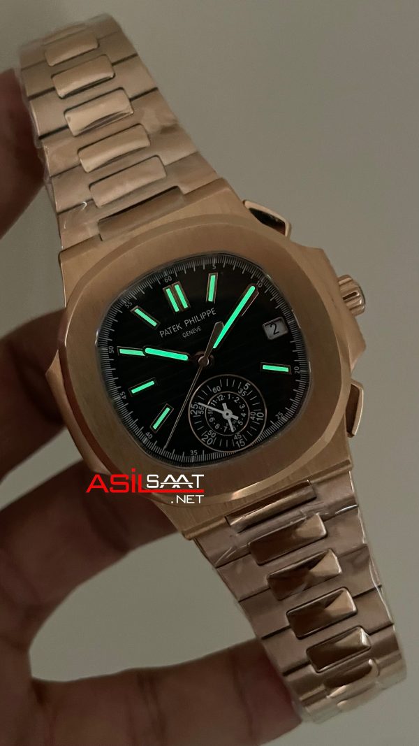 Patek Philippe Nautilus 5980 Chronograph Siyah Kadran Rose Super Clone Swiss ETA Saat GR Factory Patek Philippe Nautilus 5980 Chronograph Siyah Kadran Rose Super Clone Swiss ETA Saat GR Factory