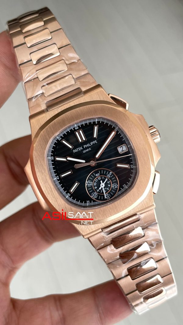 Patek Philippe Nautilus 5980 Chronograph Siyah Kadran Rose Super Clone Swiss ETA Saat GR Factory Patek Philippe Nautilus 5980 Chronograph Siyah Kadran Rose Super Clone Swiss ETA Saat GR Factory